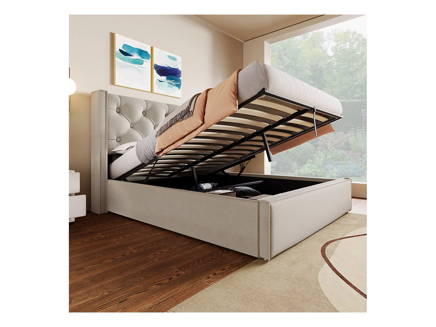 Lit double hydraulique avec rangement, cadre coton gris clair, sommier métal (203x171x110cm)