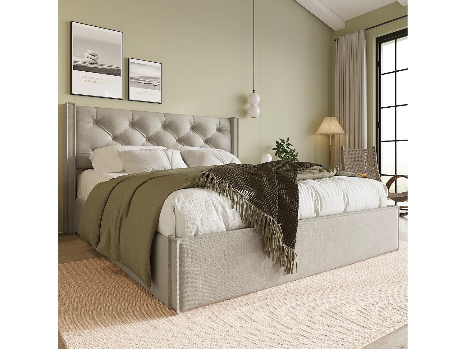 Lit double hydraulique avec rangement, cadre coton gris clair, sommier métal (203x171x110cm)