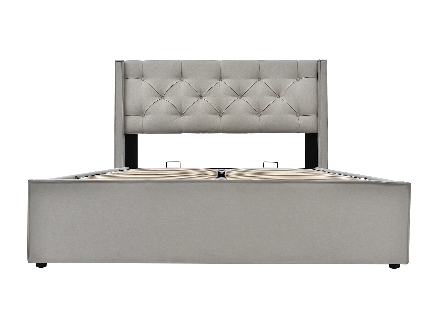 Lit double hydraulique avec rangement, cadre coton gris clair, sommier métal (203x171x110cm)