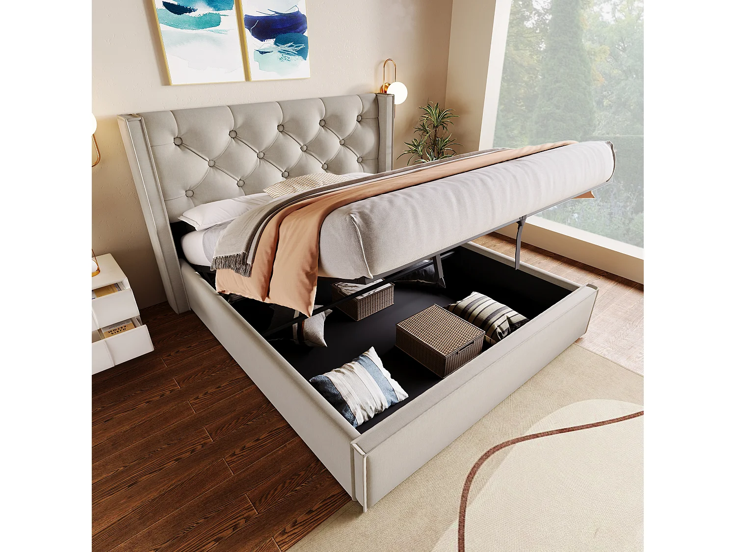 Cama doble hidráulica con almacenaje, estructura de algodón gris claro, base de metal (203x171x110cm)