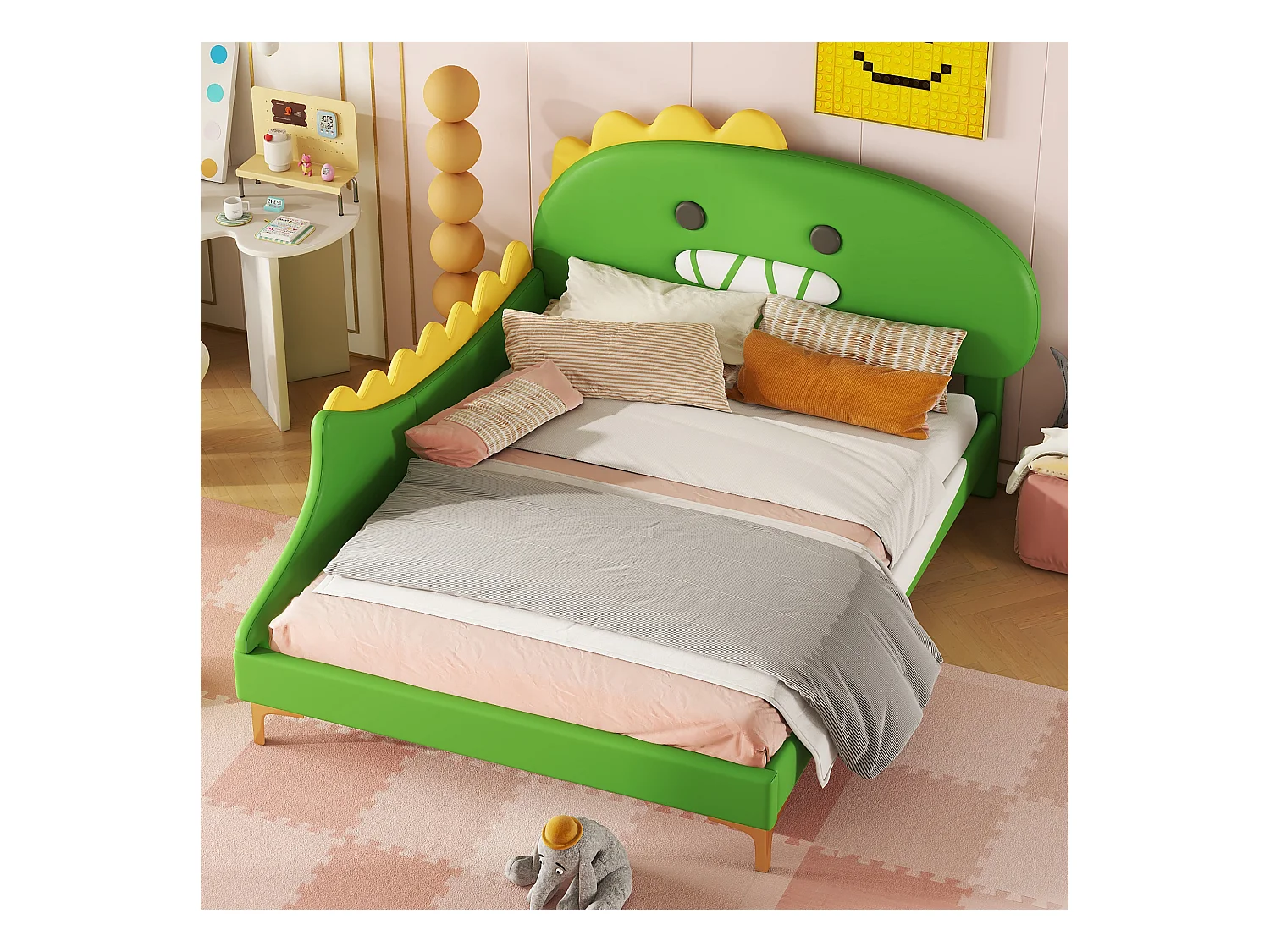 Lit enfant 140x200 cm, forme dinosaure, avec lit gigogne, PU, vert (209x144x110 cm)