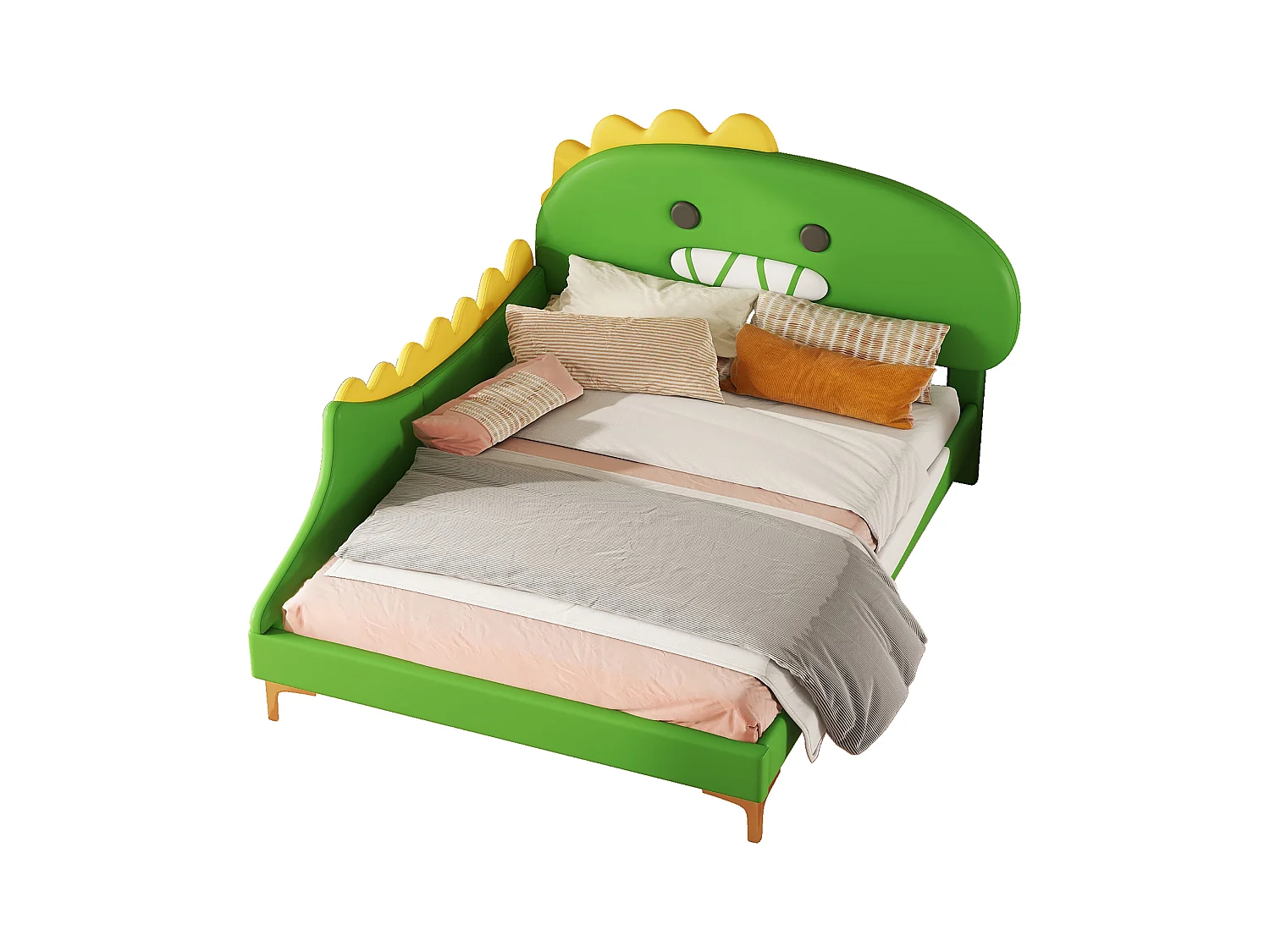 Lit enfant 140x200 cm, forme dinosaure, avec lit gigogne, PU, vert (209x144x110 cm)