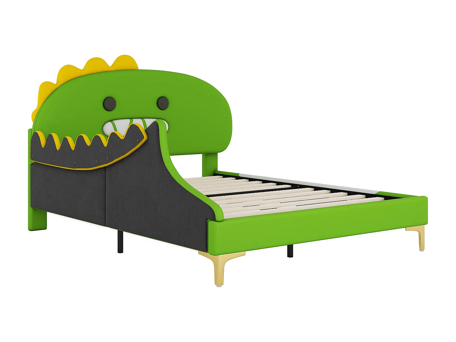 Lit enfant 140x200 cm, forme dinosaure, avec lit gigogne, PU, vert (209x144x110 cm)