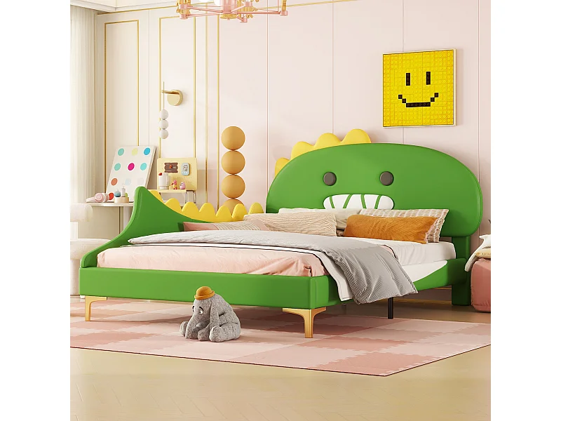 Lit enfant 140x200 cm, forme dinosaure, avec lit gigogne, PU, vert (209x144x110 cm)
