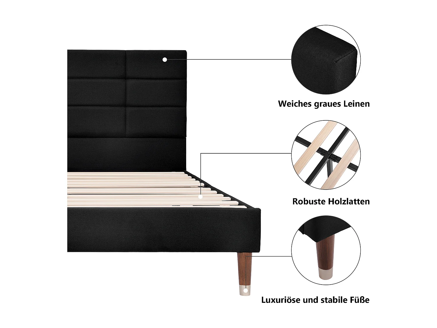 Letto matrimoniale imbottito con rete a doghe, testiera spessa, lino nero, struttura in legno massello (141x209x101cm)