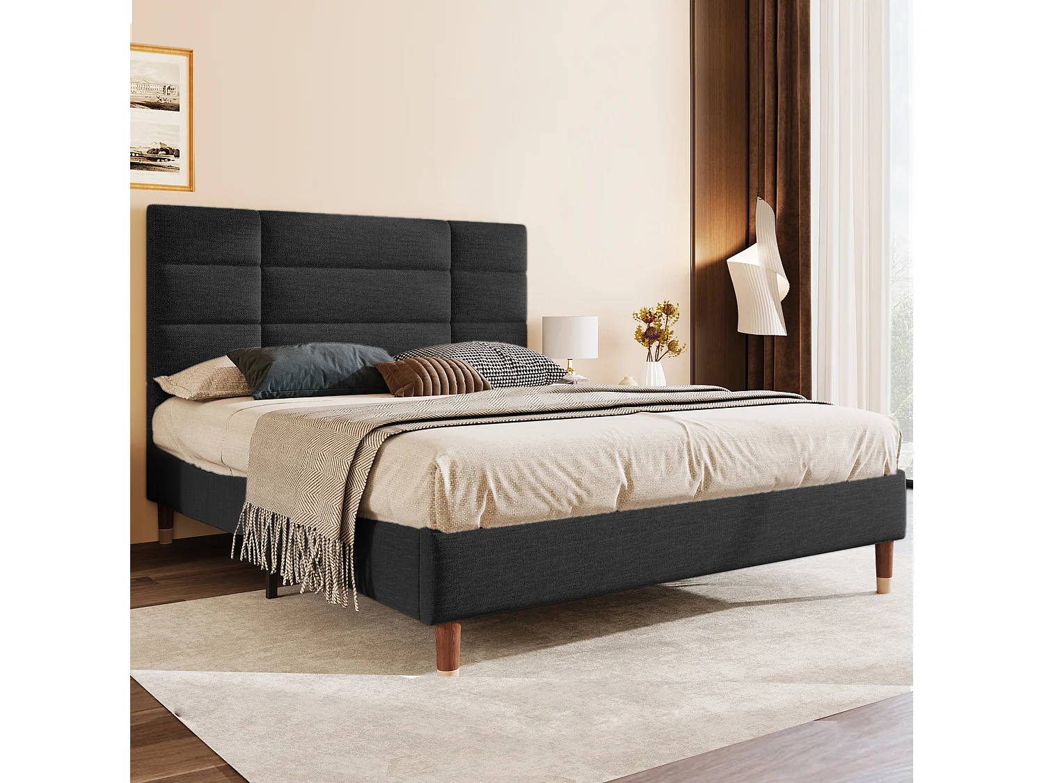 Letto matrimoniale imbottito con rete a doghe, testiera spessa, lino nero, struttura in legno massello (141x209x101cm)