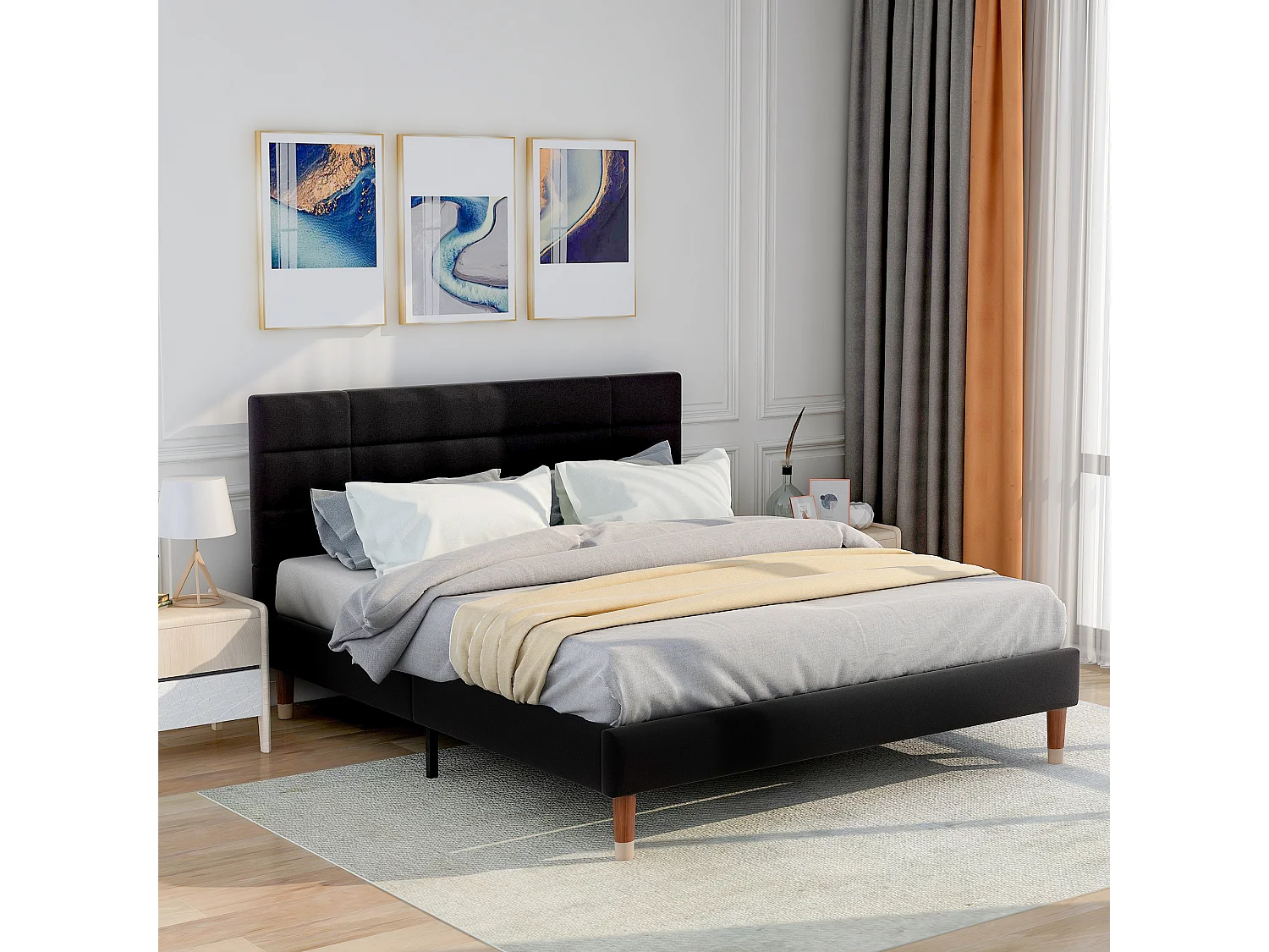 Letto matrimoniale imbottito con rete a doghe, testiera spessa, lino nero, struttura in legno massello (141x209x101cm)