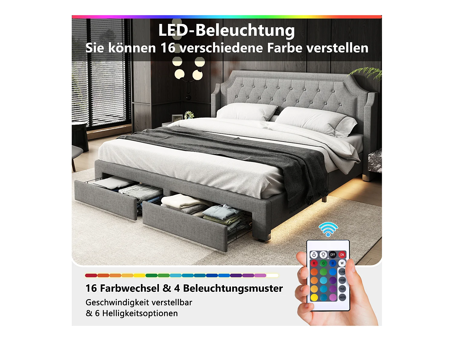 Lit avec rangement, tête de lit capitonnée, velours, gris, 180x200 cm, LED, avec 2 tiroirs