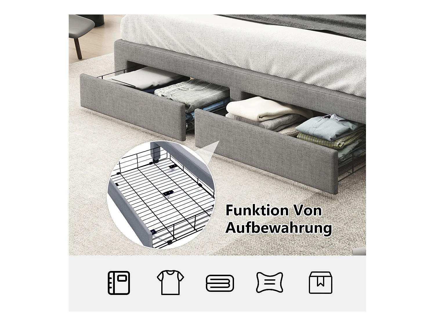 Lit avec rangement, tête de lit capitonnée, velours, gris, 180x200 cm, LED, avec 2 tiroirs