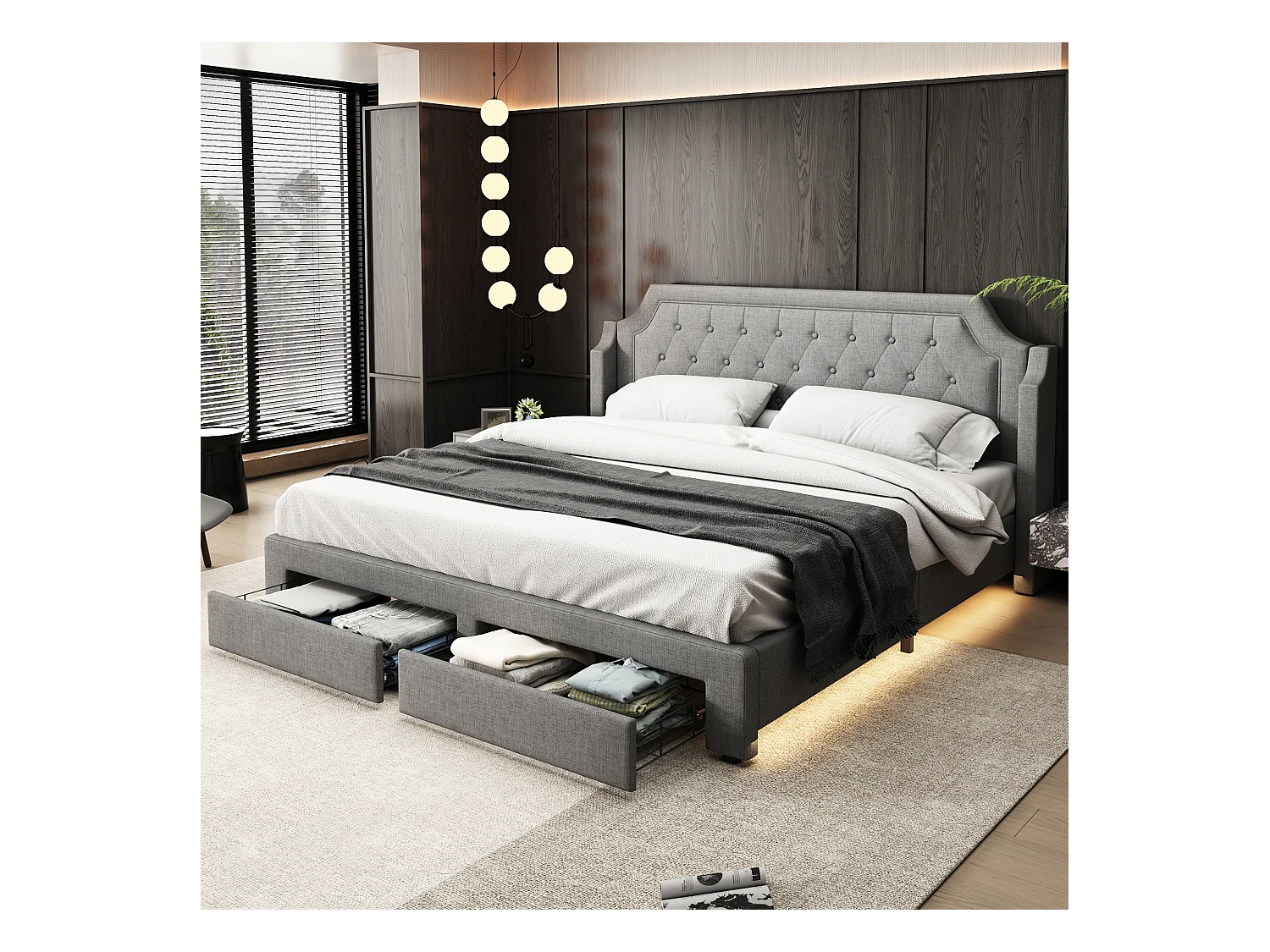 Lit avec rangement, tête de lit capitonnée, velours, gris, 180x200 cm, LED, avec 2 tiroirs