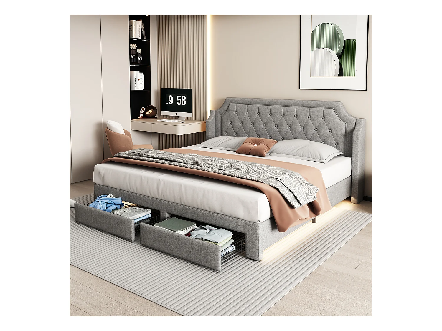 Lit avec rangement, tête de lit capitonnée, velours, gris, 180x200 cm, LED, avec 2 tiroirs