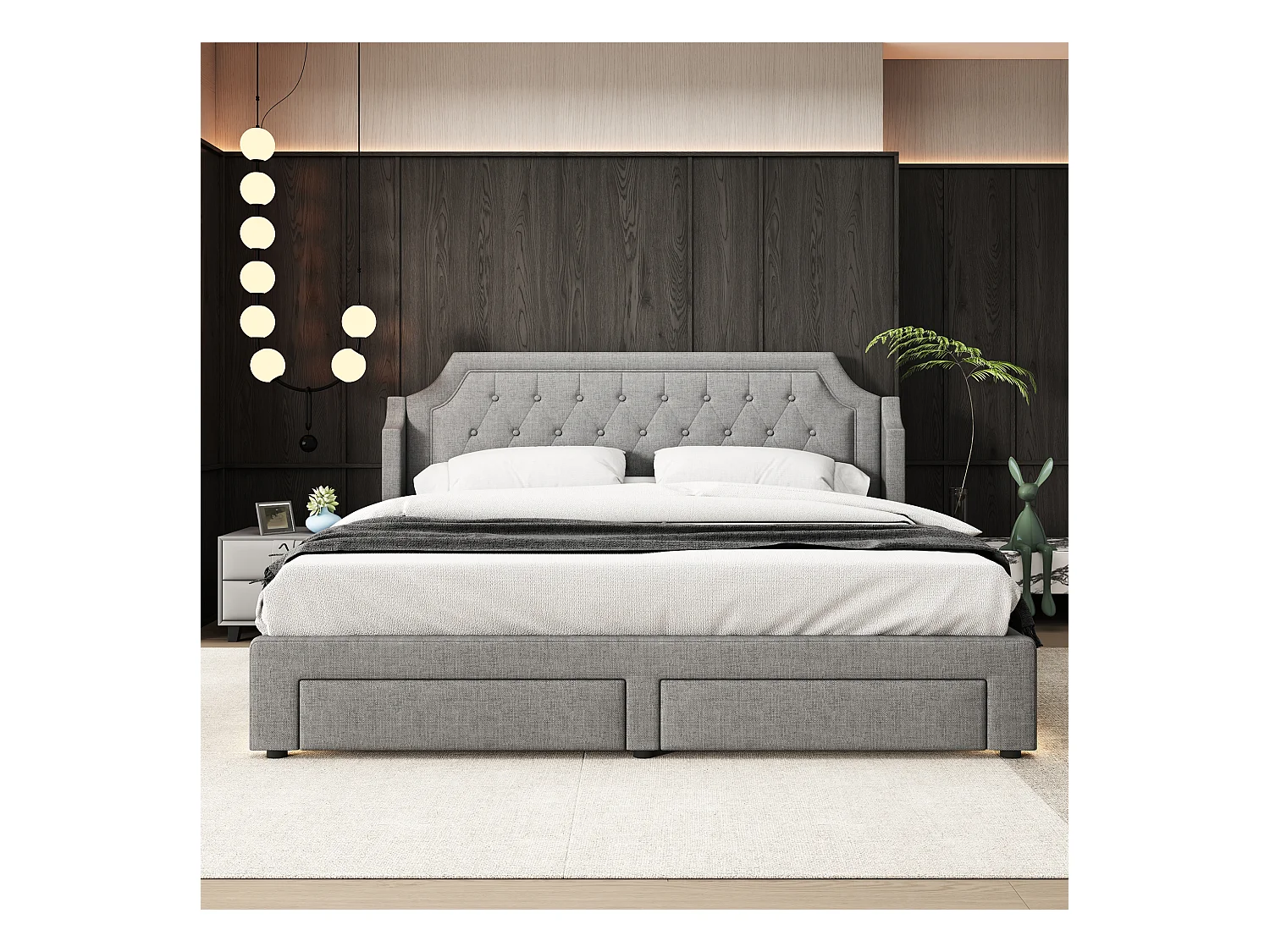 Lit avec rangement, tête de lit capitonnée, velours, gris, 180x200 cm, LED, avec 2 tiroirs