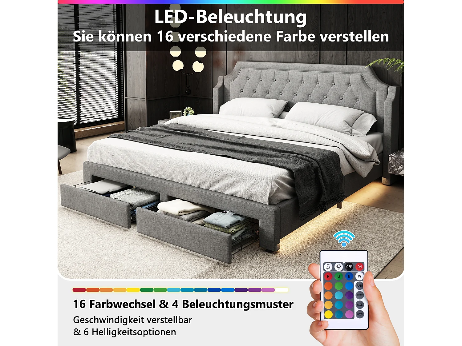 Lit avec rangement, tête de lit capitonnée, velours, gris, 180x200 cm, LED, avec 2 tiroirs