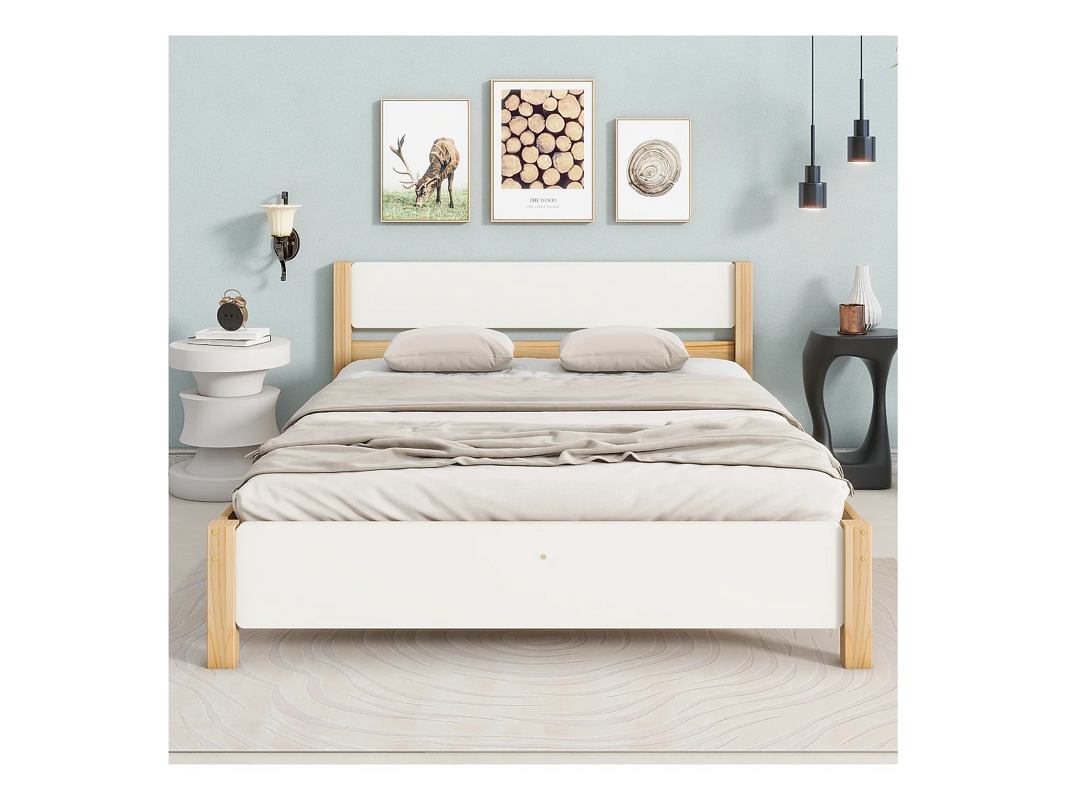 Lit double en bois, avec tête et pied de lit MDF, cadre en pin avec pied central, blanc et naturel, 140x200 cm (207x147.5x82.5 cm)