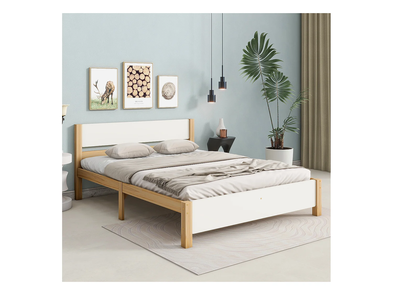 Lit double en bois, avec tête et pied de lit MDF, cadre en pin avec pied central, blanc et naturel, 140x200 cm (207x147.5x82.5 cm)