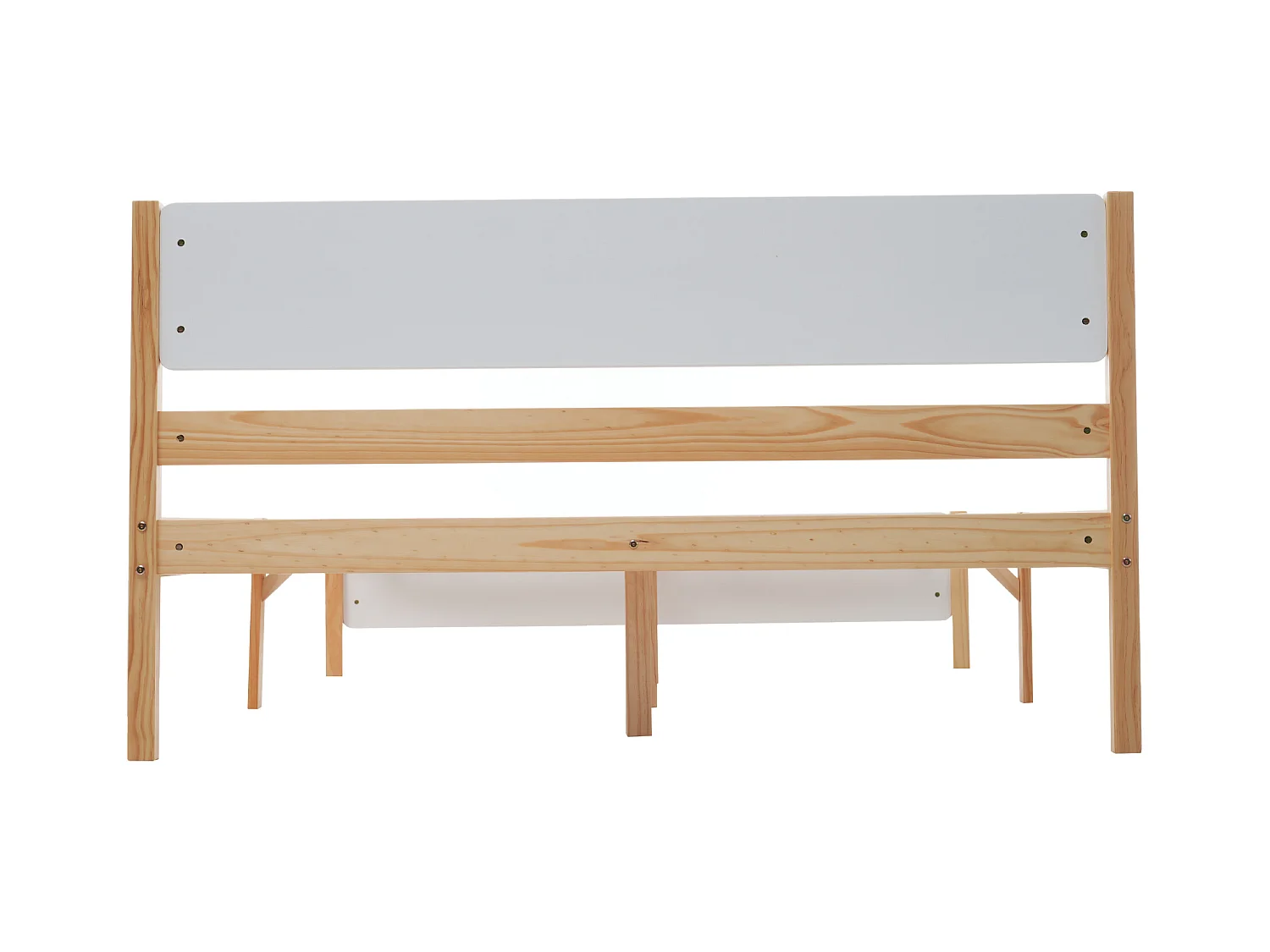 Lit double en bois, avec tête et pied de lit MDF, cadre en pin avec pied central, blanc et naturel, 140x200 cm (207x147.5x82.5 cm)