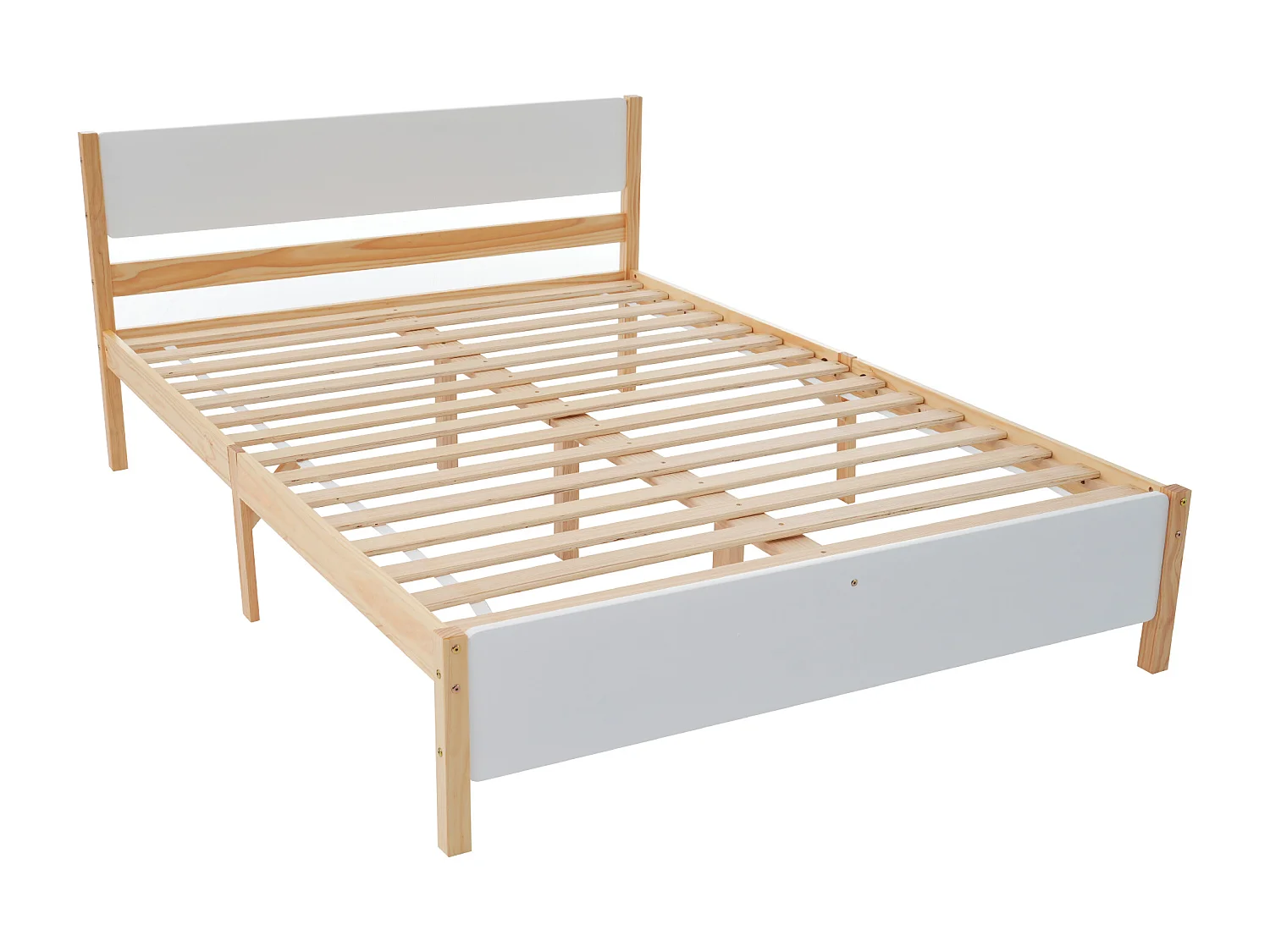 Lit double en bois, avec tête et pied de lit MDF, cadre en pin avec pied central, blanc et naturel, 140x200 cm (207x147.5x82.5 cm)