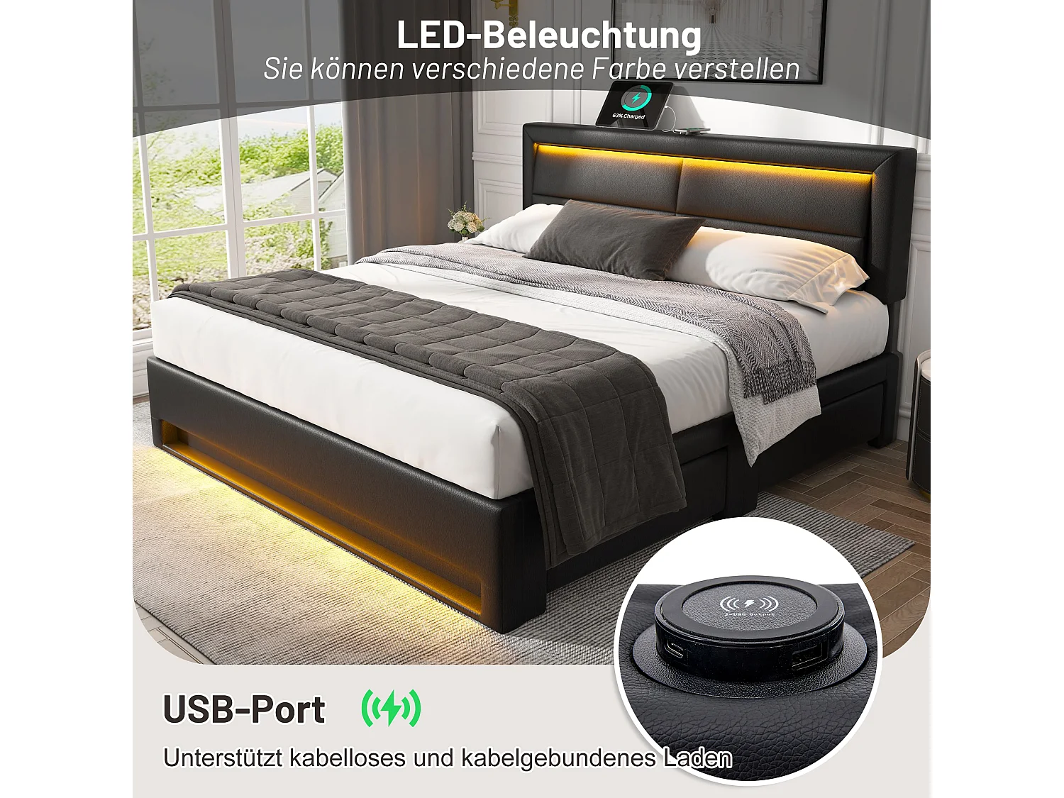 Letto imbottito 140 x 190 cm con porta USB, illuminazione a LED e 4 cassetti portaoggetti, PU litchi, nero (140 x 190 cm)