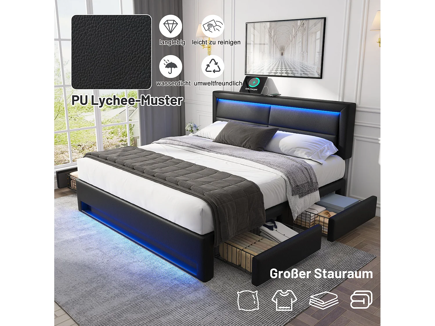 Letto imbottito 140 x 190 cm con porta USB, illuminazione a LED e 4 cassetti portaoggetti, PU litchi, nero (140 x 190 cm)