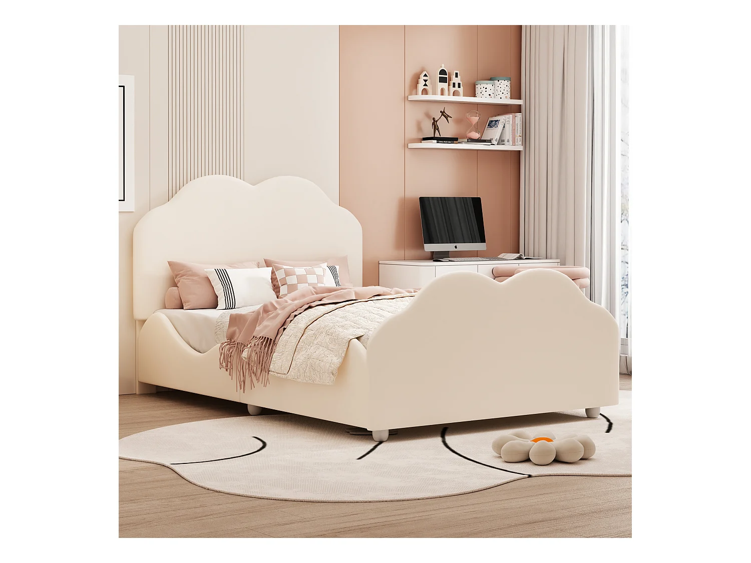 Kinderbed 90 x 200 cm met uitvalbeveiliging, hoofdbord en voeteneinde in wolkvorm, beige fluwelen stof (207,5 x 95 x 107,5 cm)