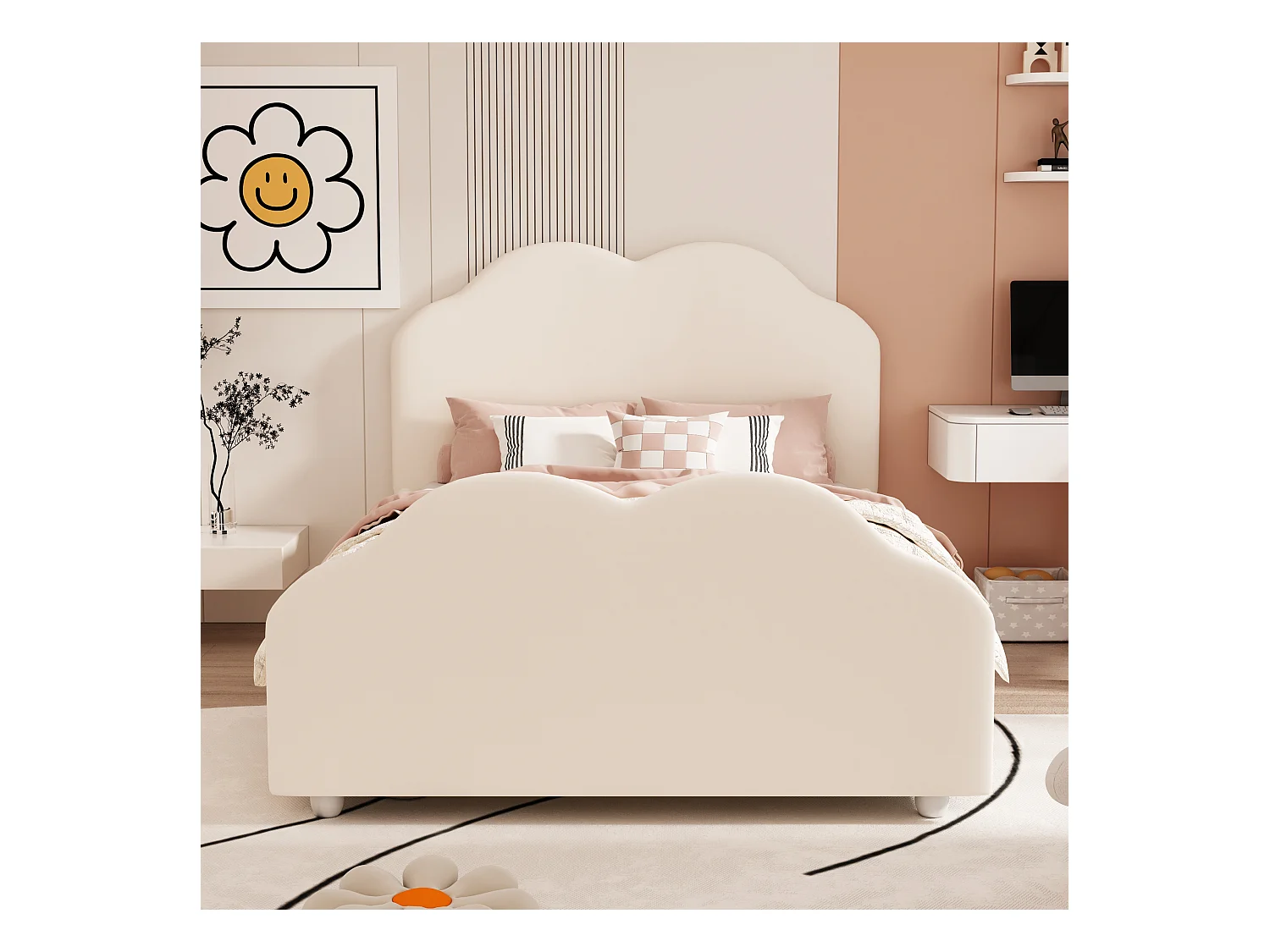 Kinderbed 90 x 200 cm met uitvalbeveiliging, hoofdbord en voeteneinde in wolkvorm, beige fluwelen stof (207,5 x 95 x 107,5 cm)