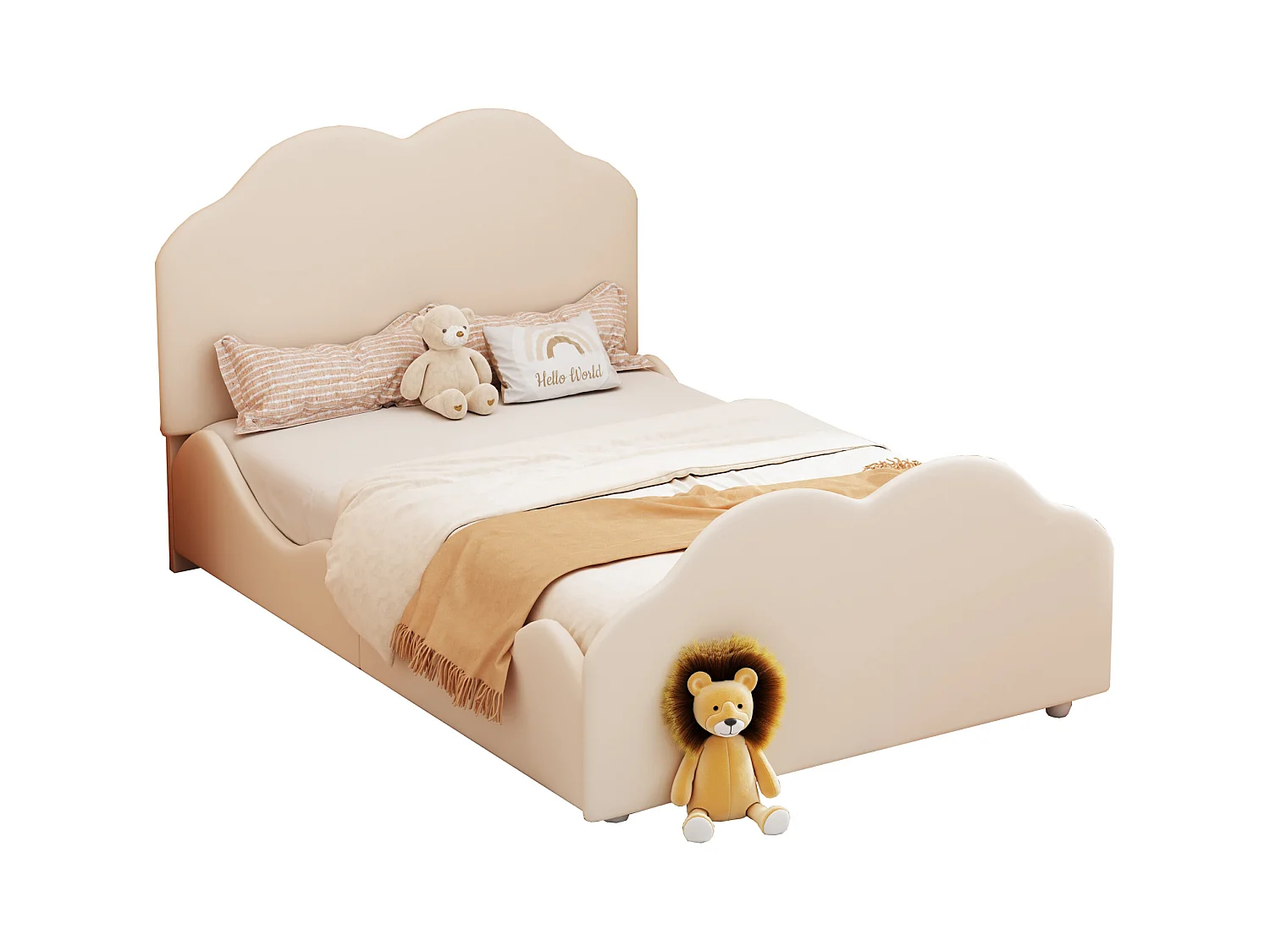 Kinderbed 90 x 200 cm met uitvalbeveiliging, hoofdbord en voeteneinde in wolkvorm, beige fluwelen stof (207,5 x 95 x 107,5 cm)