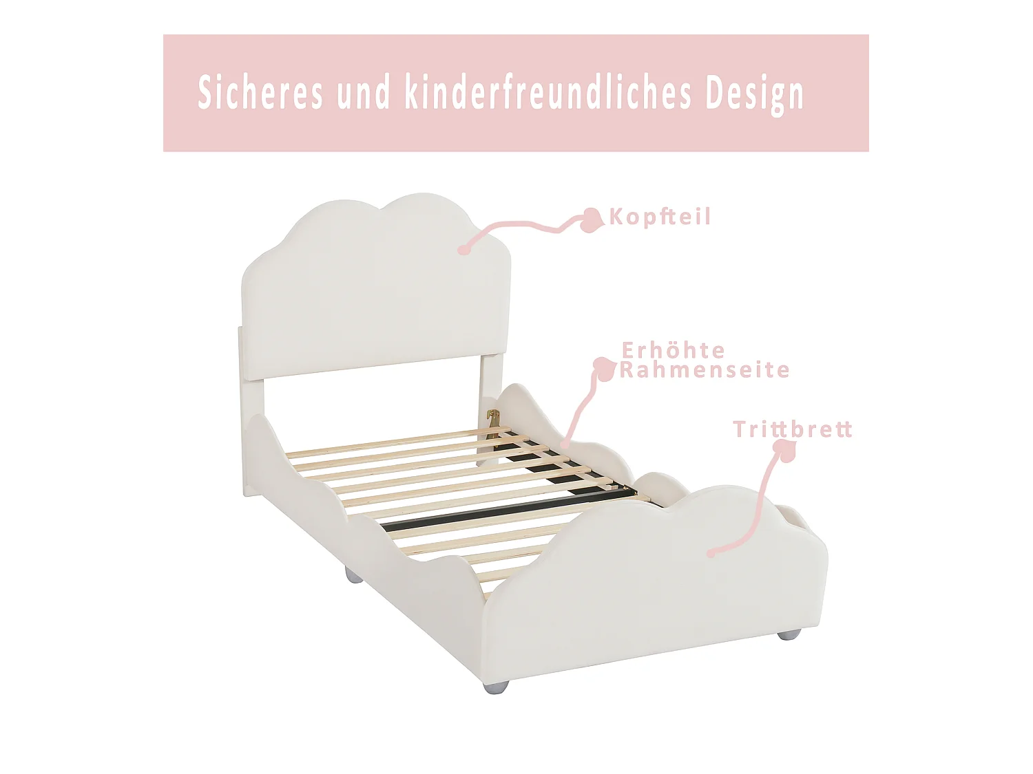Kinderbed 90 x 200 cm met uitvalbeveiliging, hoofdbord en voeteneinde in wolkvorm, beige fluwelen stof (207,5 x 95 x 107,5 cm)