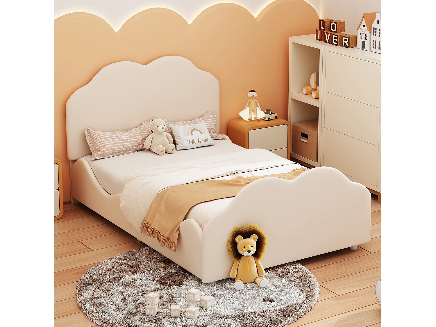 Lit pour enfant 90 x 200 cm avec barrières de sécurité, tête et pied de lit en forme de nuage, tissu velours beige (207.5x95x107.5 cm)