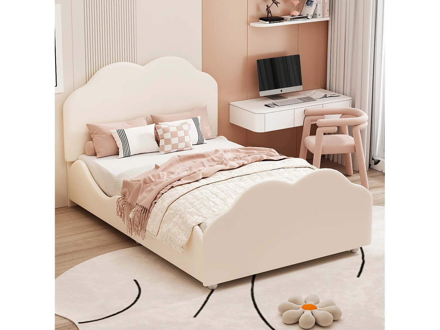 Lit pour enfant 90 x 200 cm avec barrières de sécurité, tête et pied de lit en forme de nuage, tissu velours beige (207.5x95x107.5 cm)