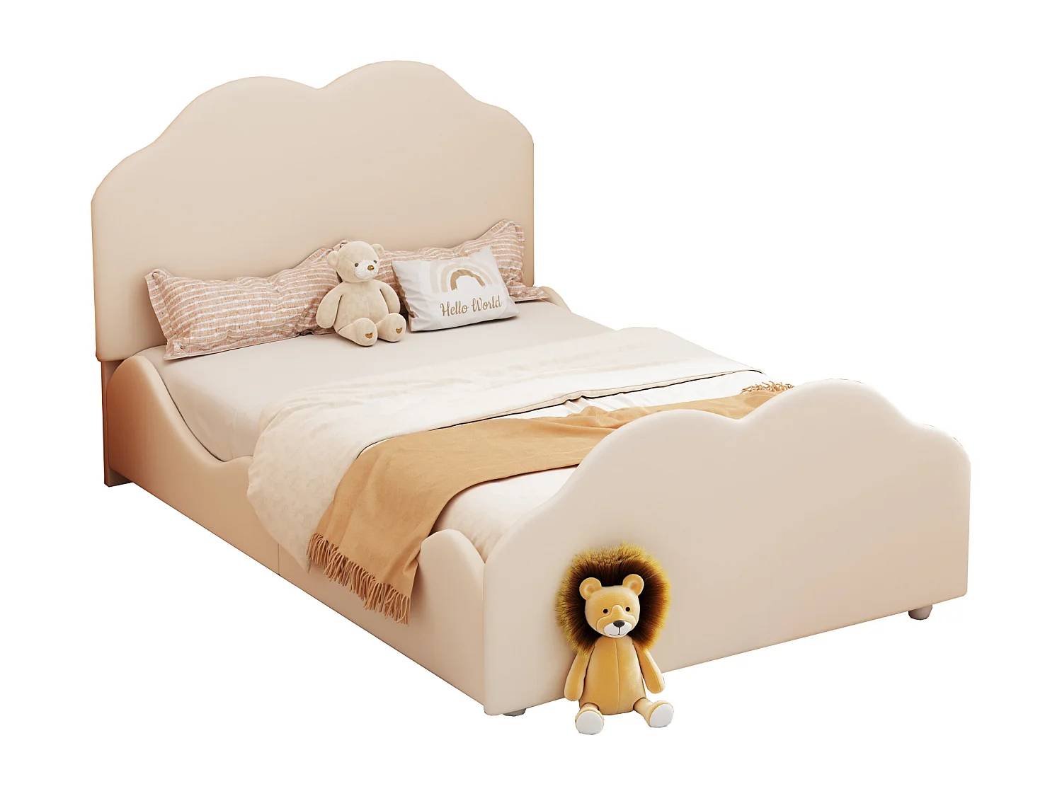 Lit pour enfant 90 x 200 cm avec barrières de sécurité, tête et pied de lit en forme de nuage, tissu velours beige (207.5x95x107.5 cm)