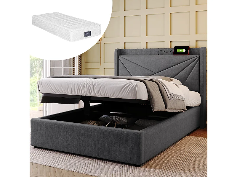 Eenpersoonsbed met opbergvak, hoofdbord met USB Type-C-oplader, grijs linnen (96x208x107 cm)