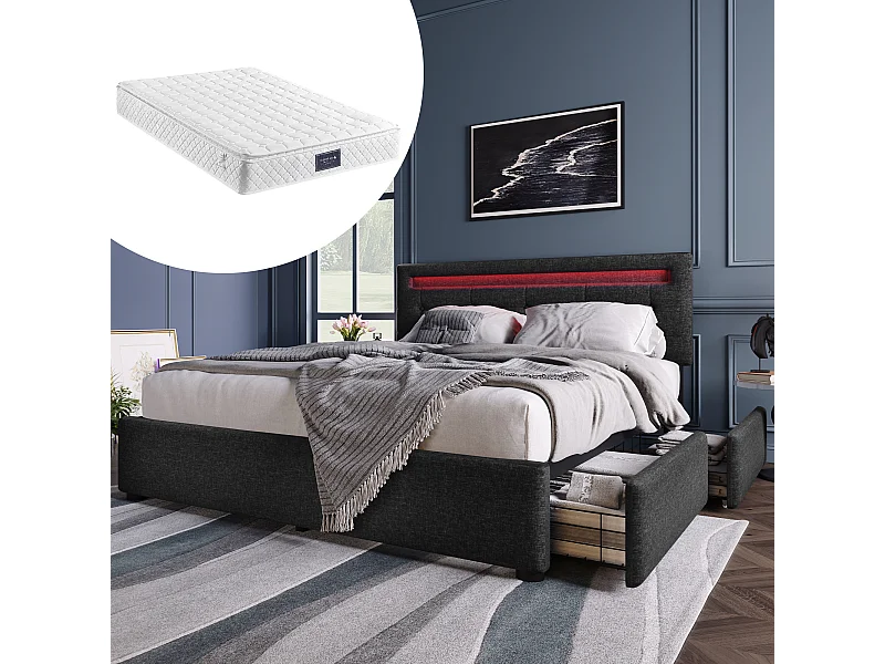 Lit coffre avec LED, 4 tiroirs, matelas inclus, sommier bois, tête de lit réglable, revêtement lin noir (150x208x93.5-103 cm)