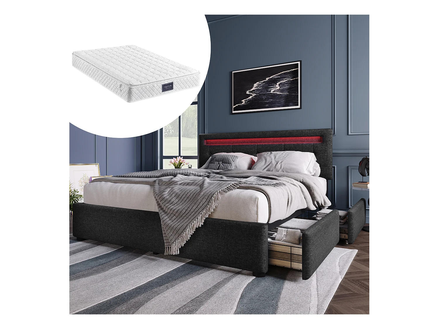 Lit coffre avec LED, 4 tiroirs, matelas inclus, sommier bois, tête de lit réglable, revêtement lin noir (150x208x93.5-103 cm)