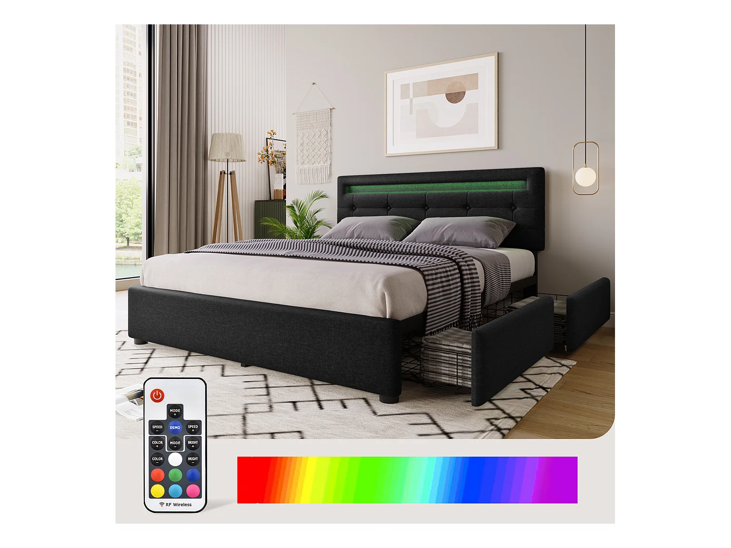 Lit coffre avec LED, 4 tiroirs, matelas inclus, sommier bois, tête de lit réglable, revêtement lin noir (150x208x93.5-103 cm)