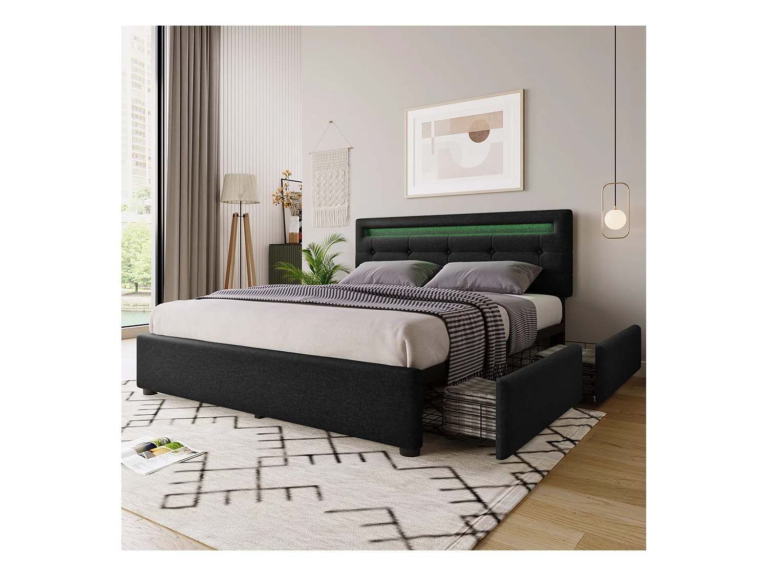 Lit coffre avec LED, 4 tiroirs, matelas inclus, sommier bois, tête de lit réglable, revêtement lin noir (150x208x93.5-103 cm)