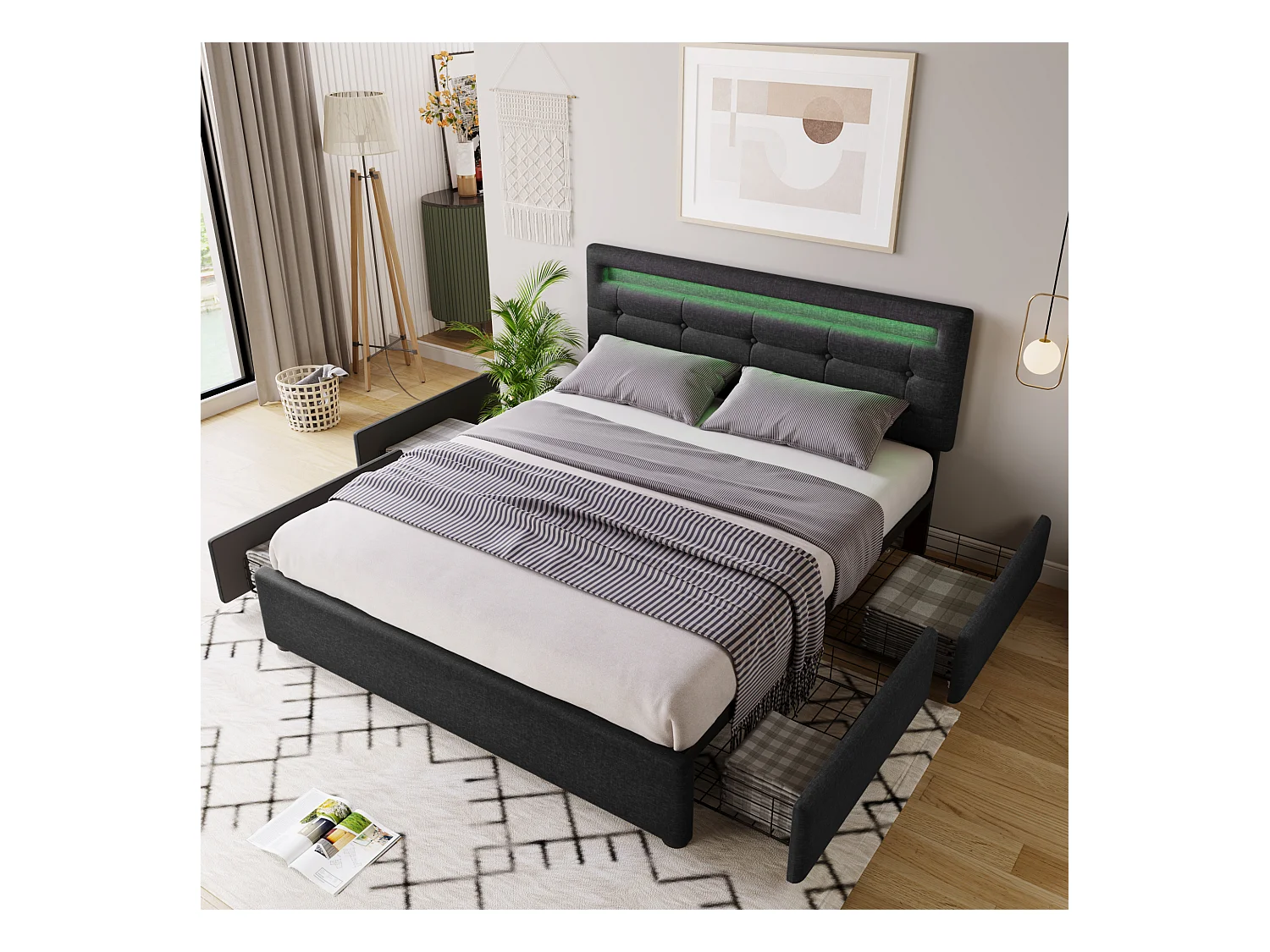 Lit coffre avec LED, 4 tiroirs, matelas inclus, sommier bois, tête de lit réglable, revêtement lin noir (150x208x93.5-103 cm)