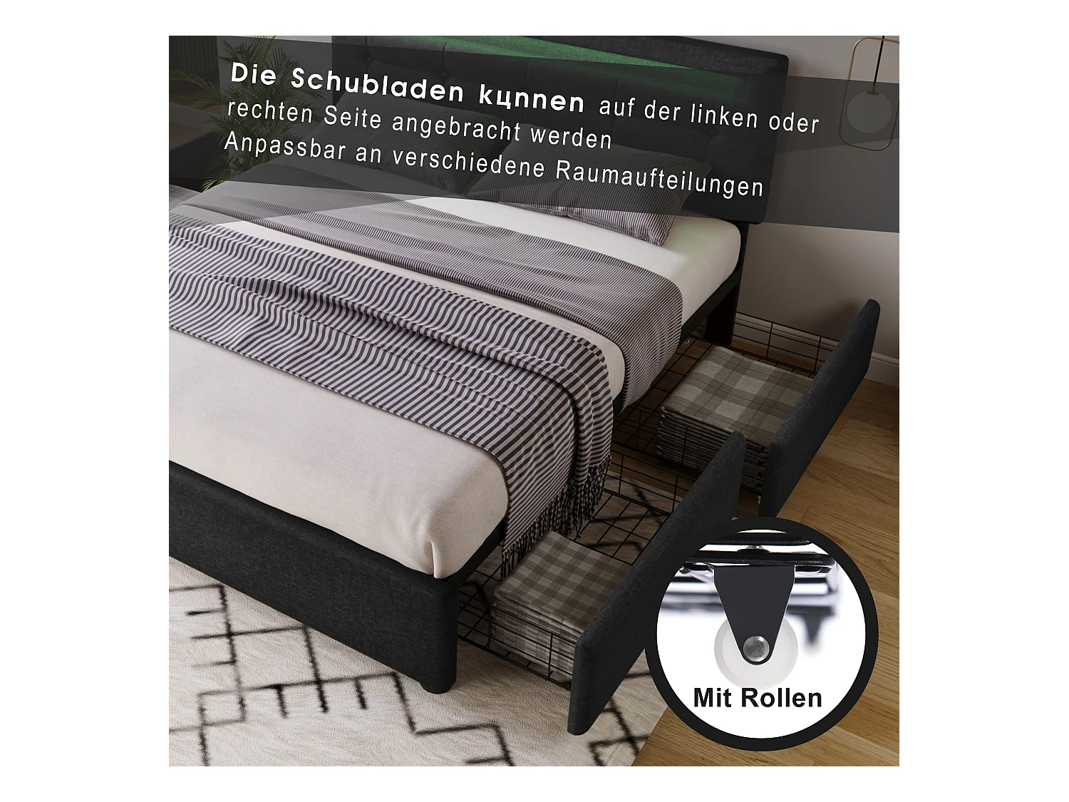 Lit coffre avec LED, 4 tiroirs, matelas inclus, sommier bois, tête de lit réglable, revêtement lin noir (150x208x93.5-103 cm)