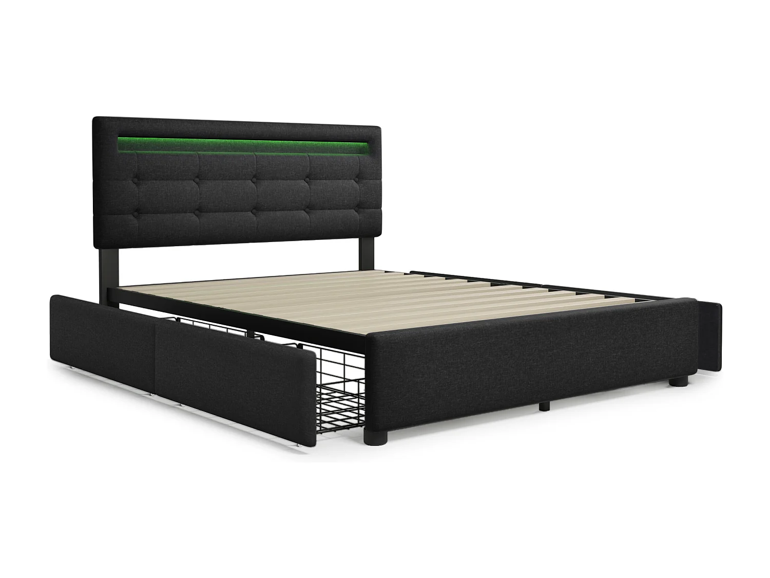 Lit coffre avec LED, 4 tiroirs, matelas inclus, sommier bois, tête de lit réglable, revêtement lin noir (150x208x93.5-103 cm)