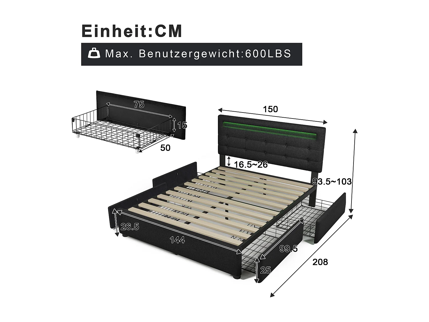 Lit coffre avec LED, 4 tiroirs, matelas inclus, sommier bois, tête de lit réglable, revêtement lin noir (150x208x93.5-103 cm)