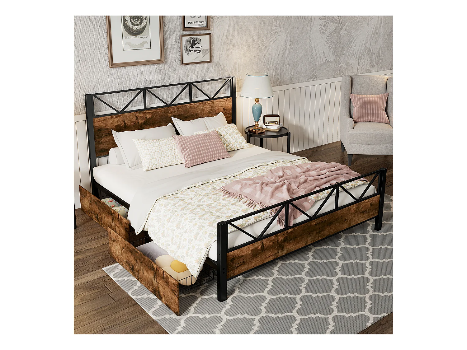 Letto in metallo con cassetti, design vintage, due cassetti con ruote, metallo + MDF, nero + noce, 140x200cm
