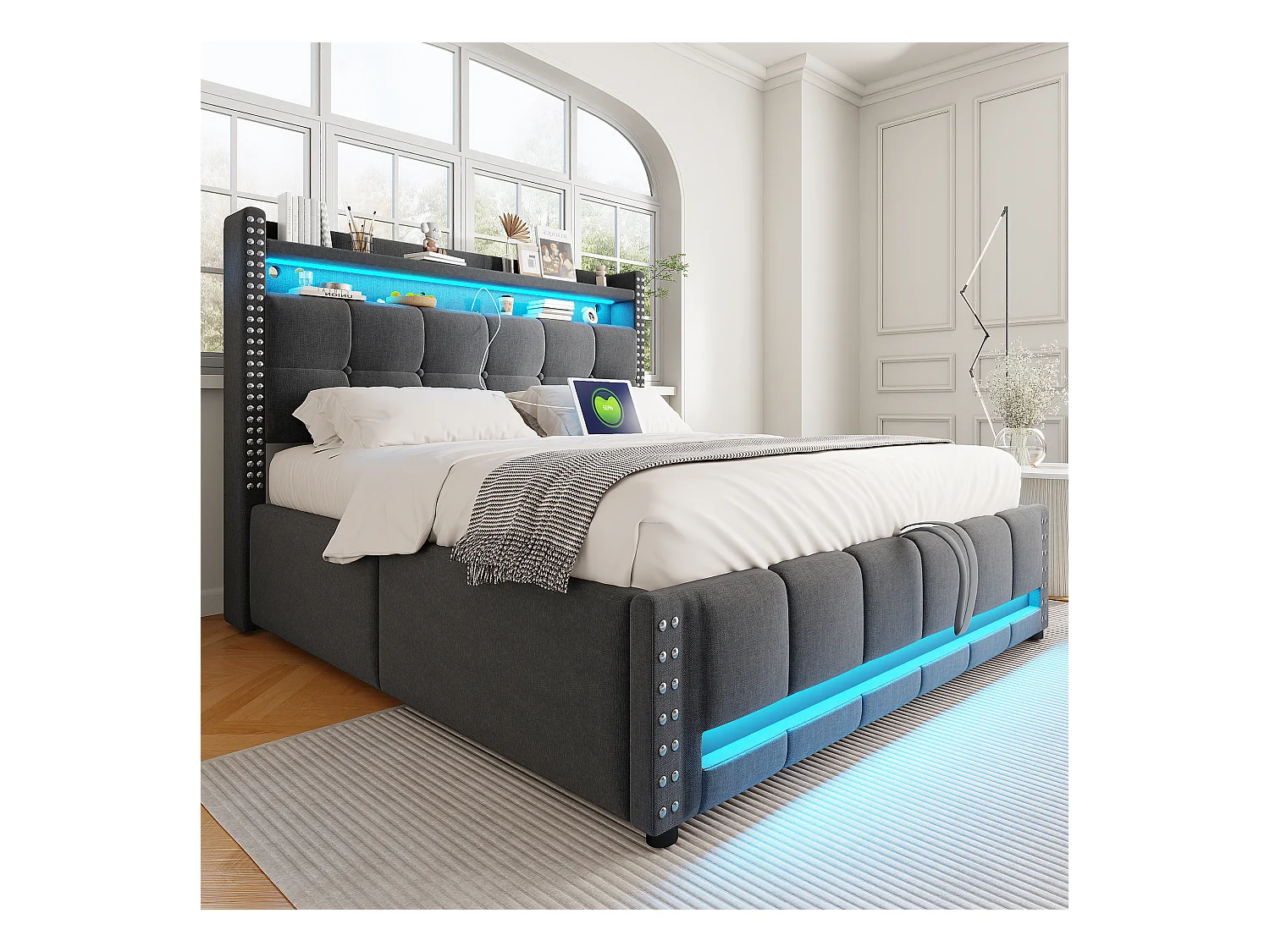 Letto 140x200 cm con LED e USB, testiera con ripiani e contenitore, sistema idraulico per il contenimento, letto per adulti, lenzuola grigie (152x225x115 cm)