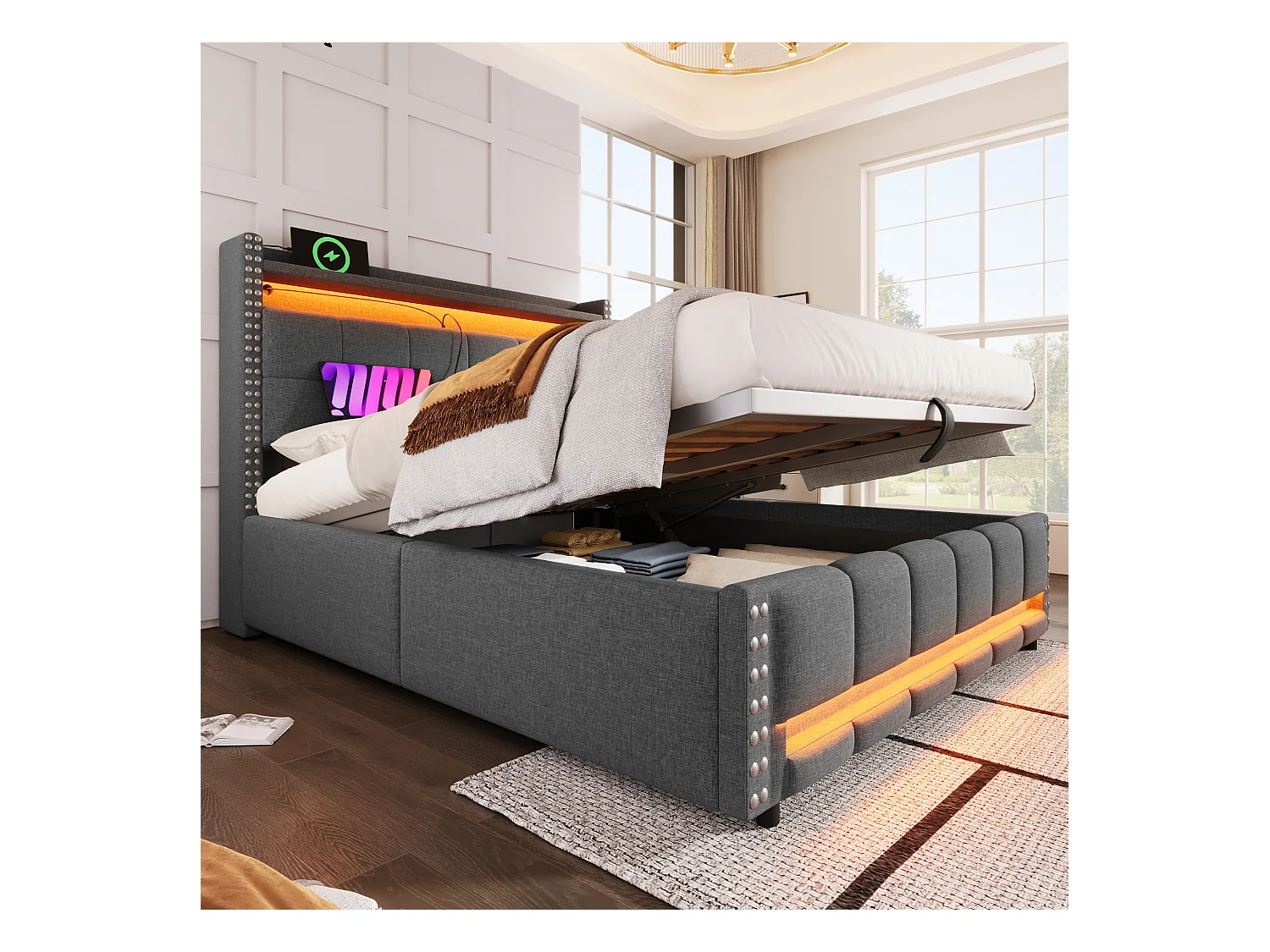 Letto 140x200 cm con LED e USB, testiera con ripiani e contenitore, sistema idraulico per il contenimento, letto per adulti, lenzuola grigie (152x225x115 cm)