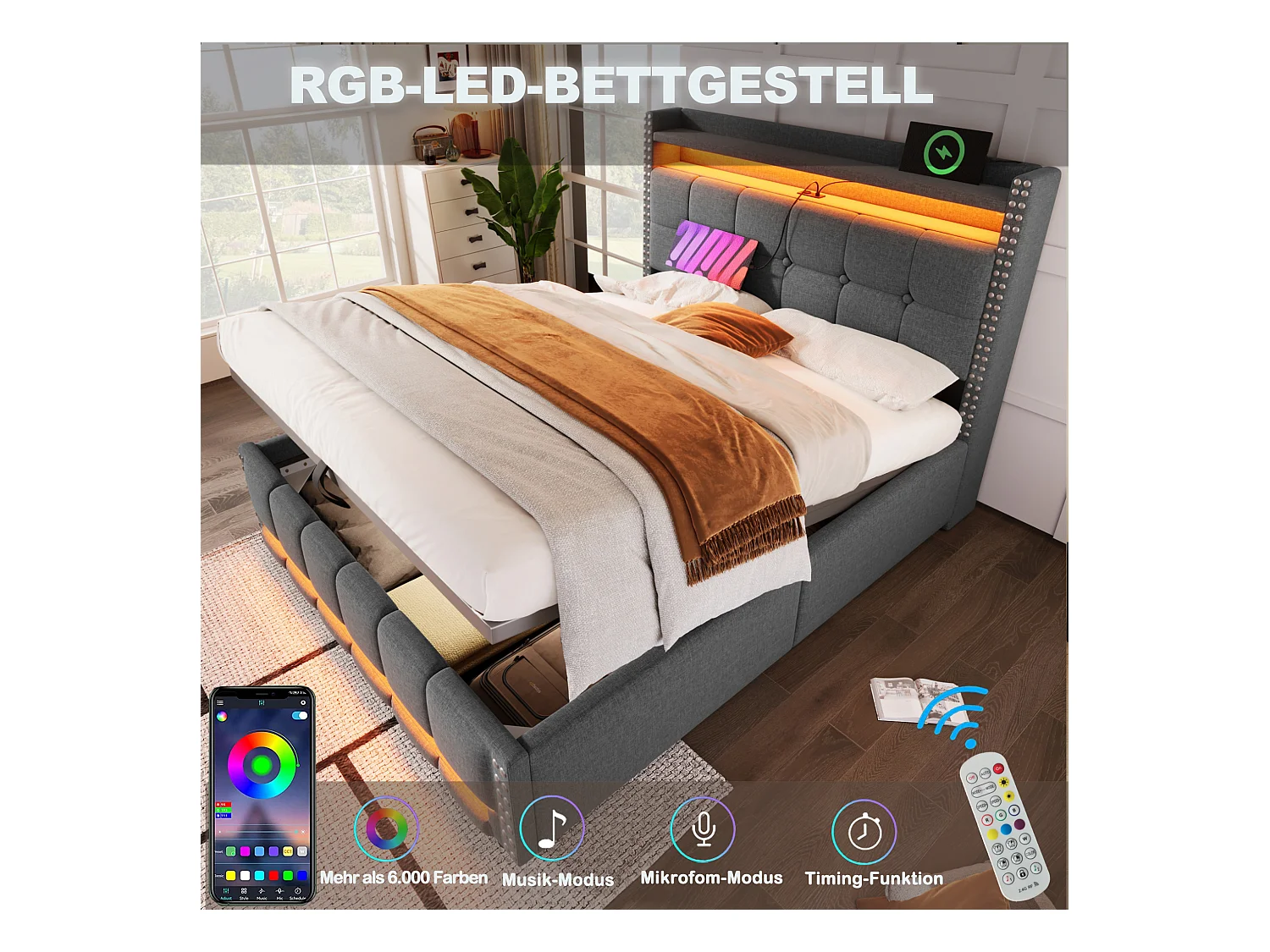 Letto 140x200 cm con LED e USB, testiera con ripiani e contenitore, sistema idraulico per il contenimento, letto per adulti, lenzuola grigie (152x225x115 cm)