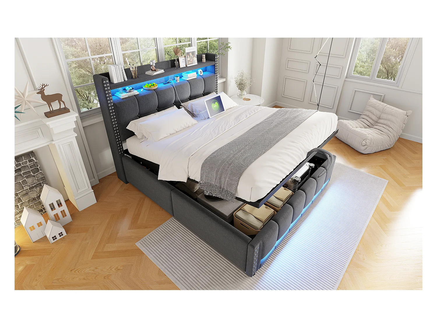 Letto 140x200 cm con LED e USB, testiera con ripiani e contenitore, sistema idraulico per il contenimento, letto per adulti, lenzuola grigie (152x225x115 cm)