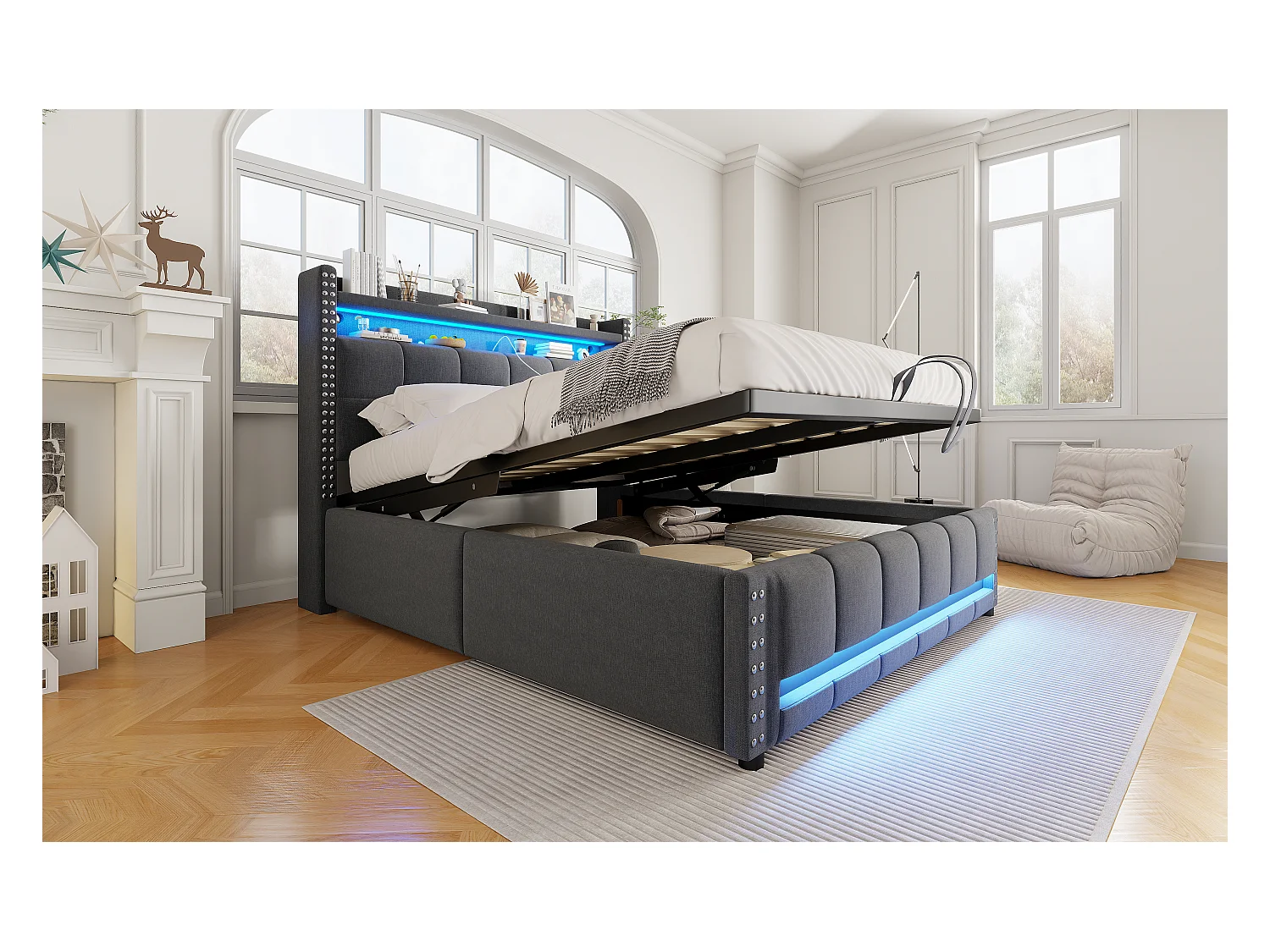 Letto 140x200 cm con LED e USB, testiera con ripiani e contenitore, sistema idraulico per il contenimento, letto per adulti, lenzuola grigie (152x225x115 cm)