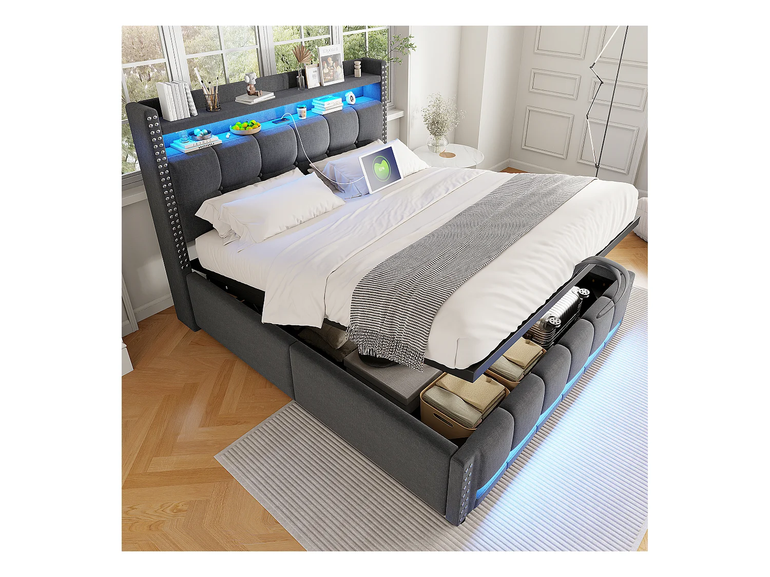 Lit 140x200 cm avec LED et USB, tête de lit avec étagères et rangement, hydraulique pour stockage, lit adulte, lin gris (152x225x115 cm)