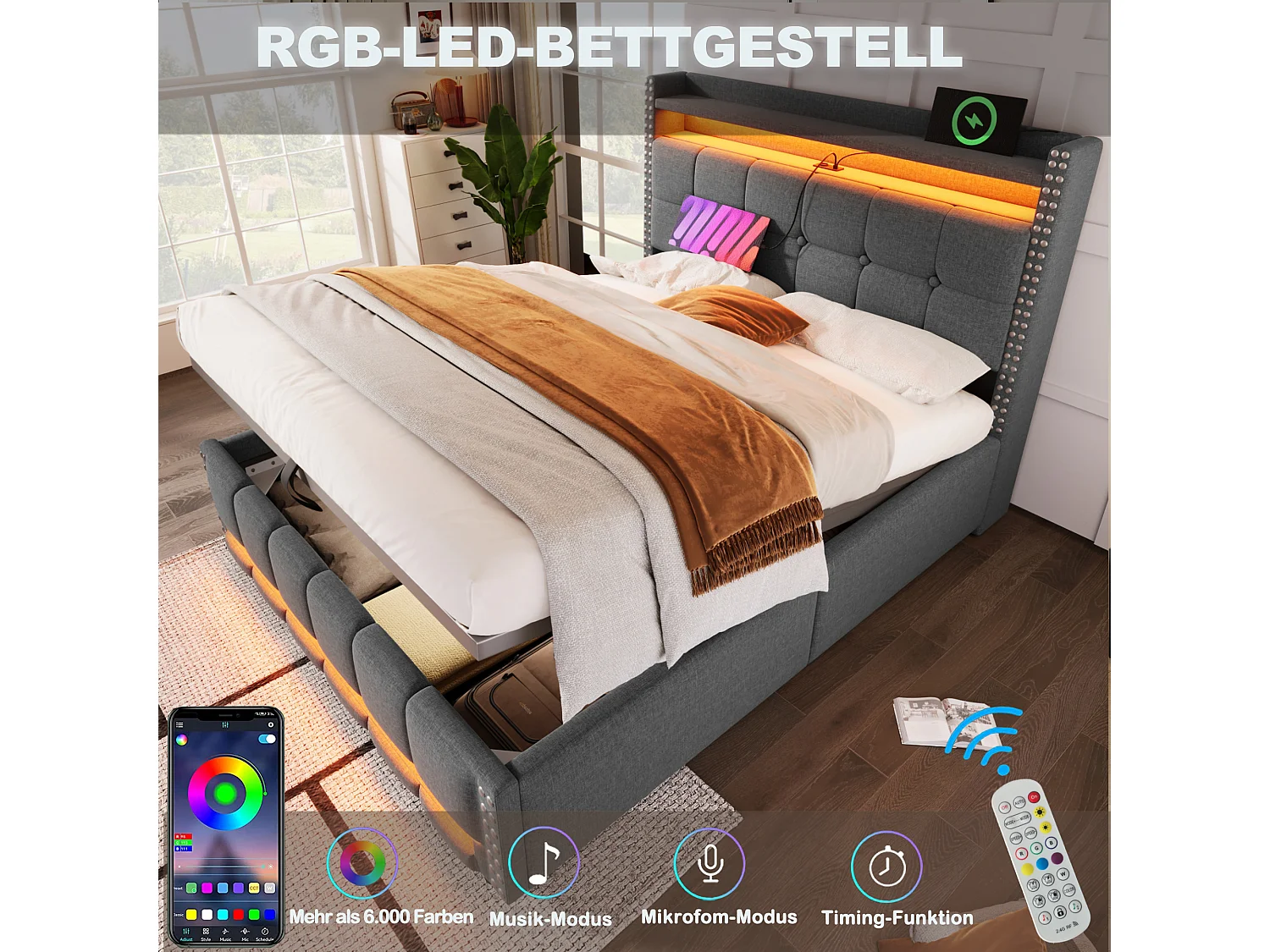 Lit 140x200 cm avec LED et USB, tête de lit avec étagères et rangement, hydraulique pour stockage, lit adulte, lin gris (152x225x115 cm)