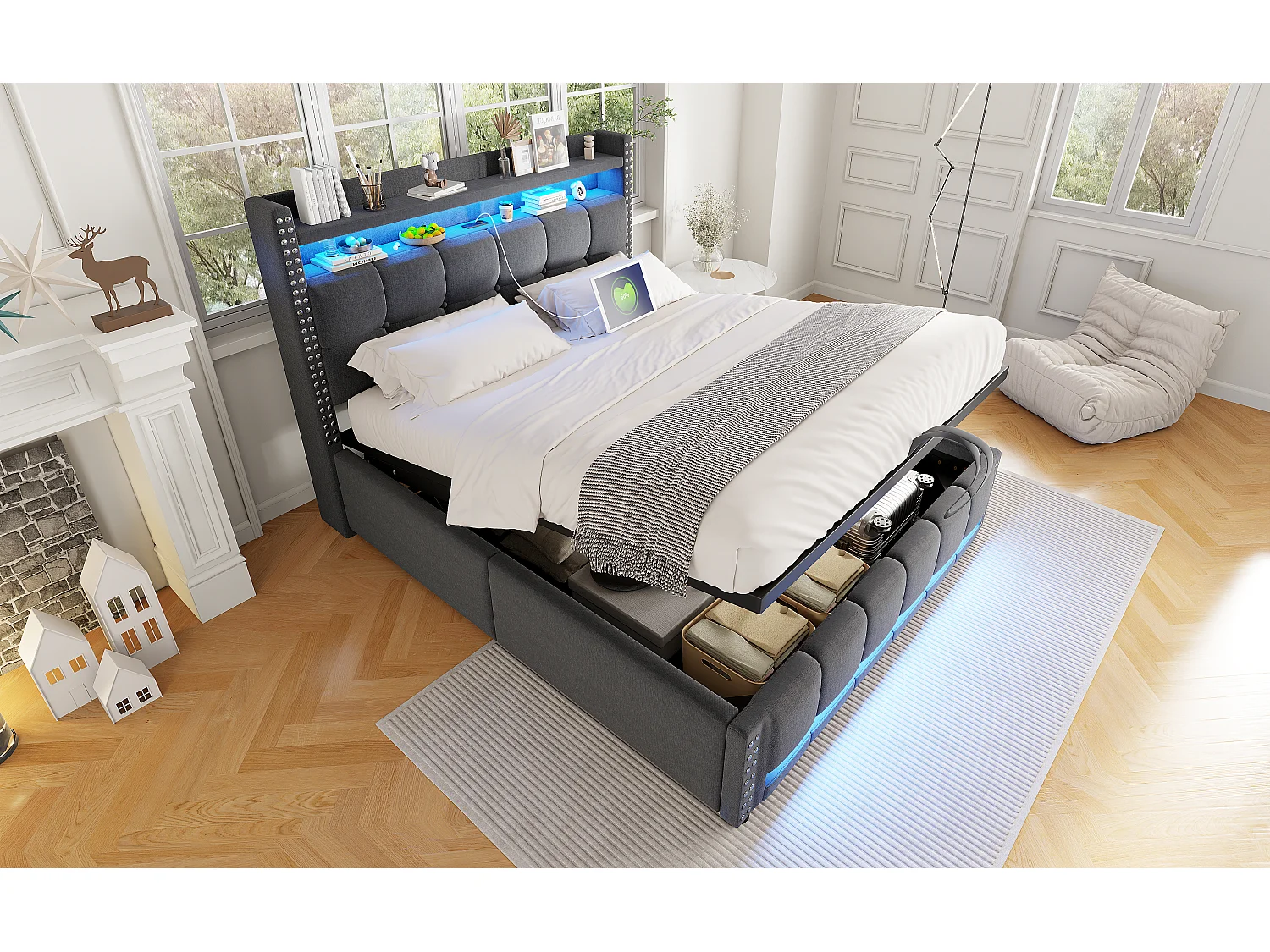 Lit 140x200 cm avec LED et USB, tête de lit avec étagères et rangement, hydraulique pour stockage, lit adulte, lin gris (152x225x115 cm)