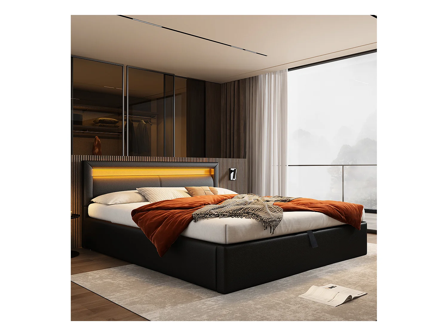 Letto LED, 140\200 cm, con rete a doghe e contenitore, testiera illuminata, nero, PU e legno (Dimensioni: 198,76 x 31,12 x 19,05 cm)