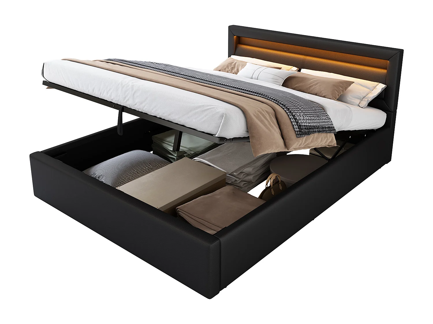 Letto LED, 140\200 cm, con rete a doghe e contenitore, testiera illuminata, nero, PU e legno (Dimensioni: 198,76 x 31,12 x 19,05 cm)